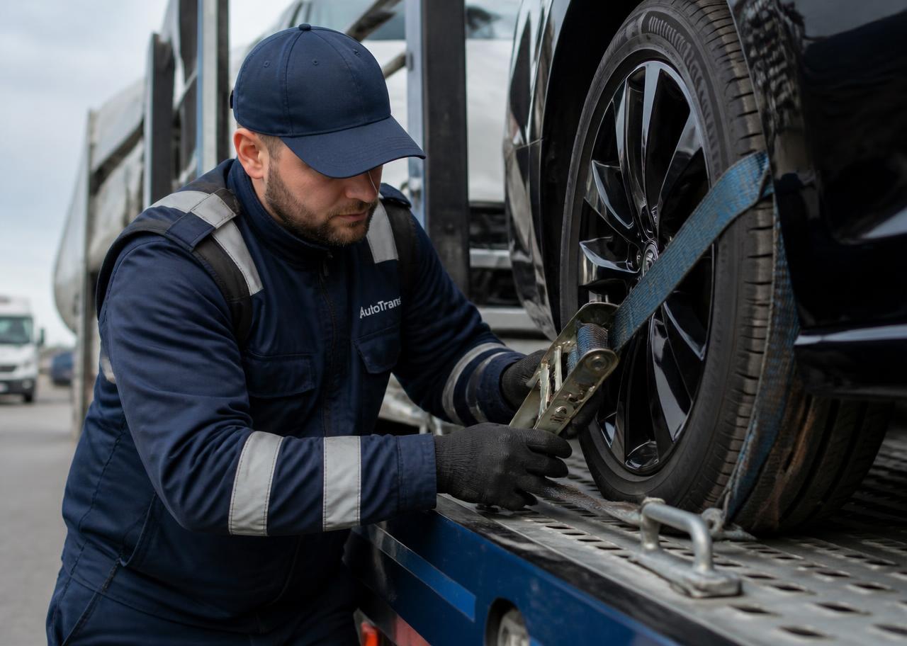 Profissional prendendo um veículo com cinta na plataforma de transporte